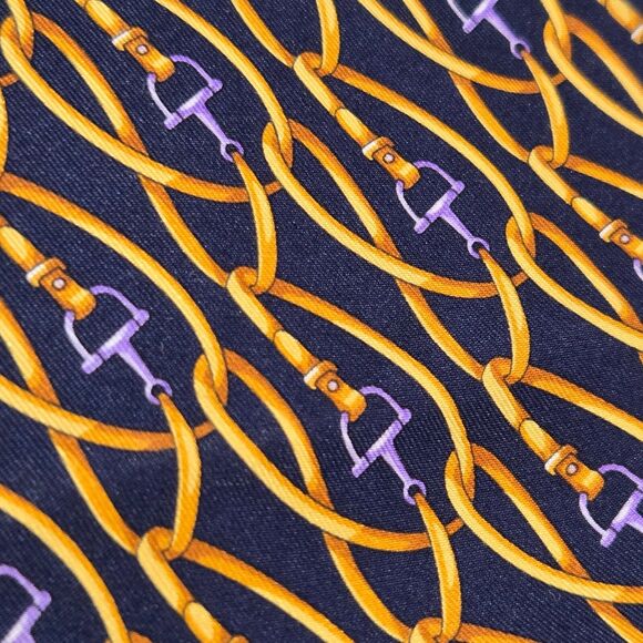 GUCCI Mens Tie Horsebit Pattern bridle belt Silk Italy Blue Gold Old Money - Picture 1 of 7